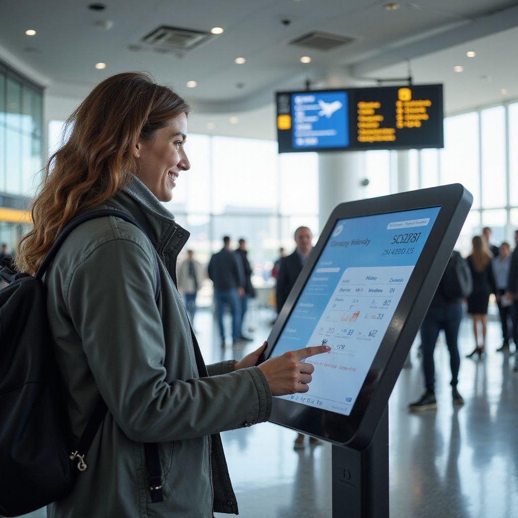 Woman using a touchscreen kiosk in an airport, smiling. She wears a green jacket. Passengers in the background.