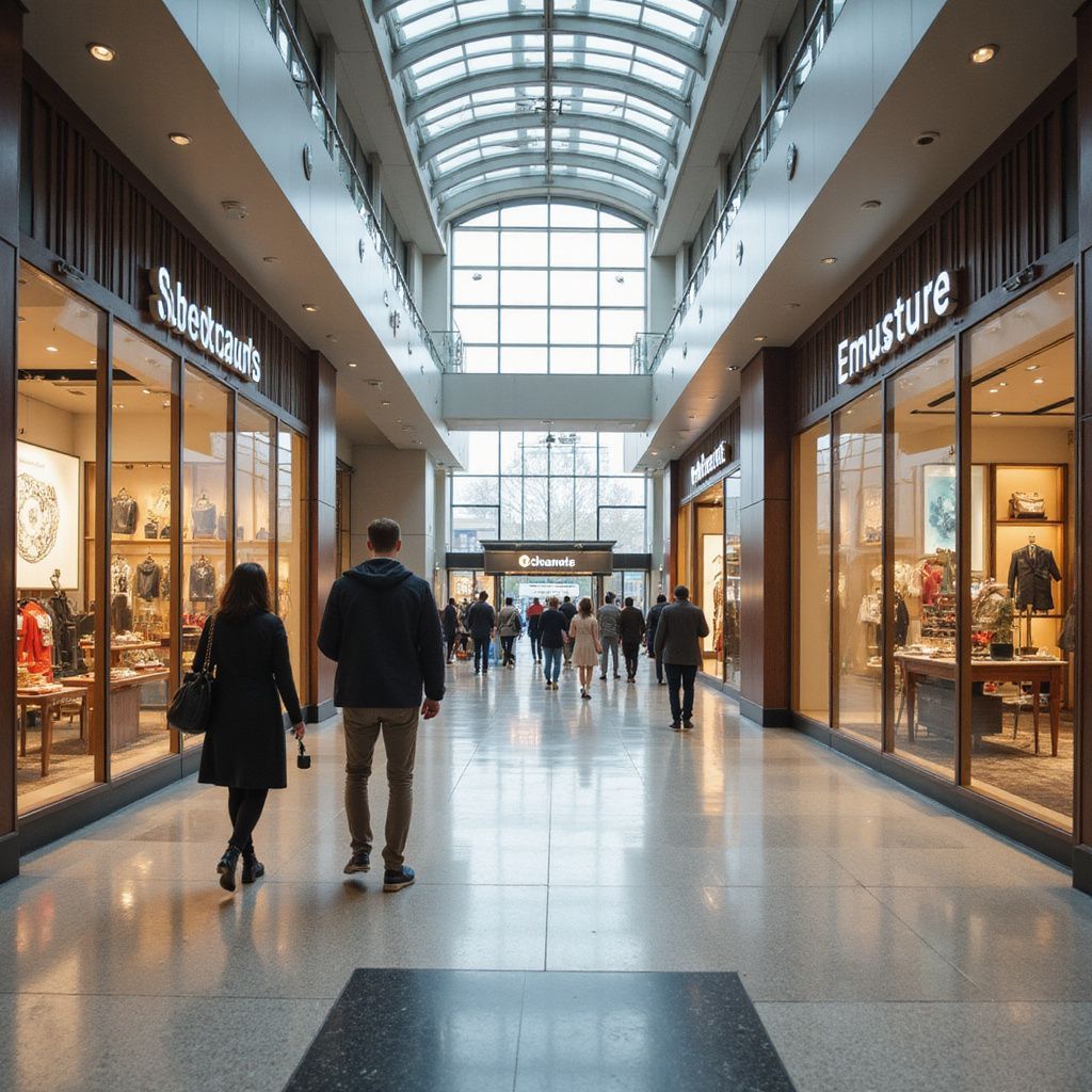 People walking in a mall with shops on both sides under a glass roof.