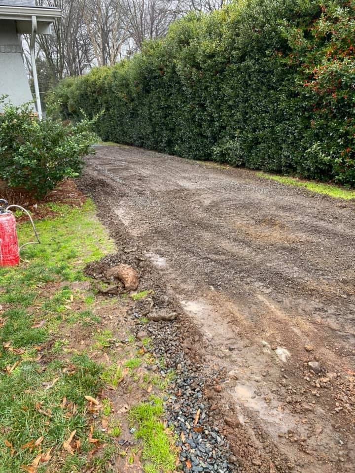 Dirt driveway with a green hedge and grass on the sides.