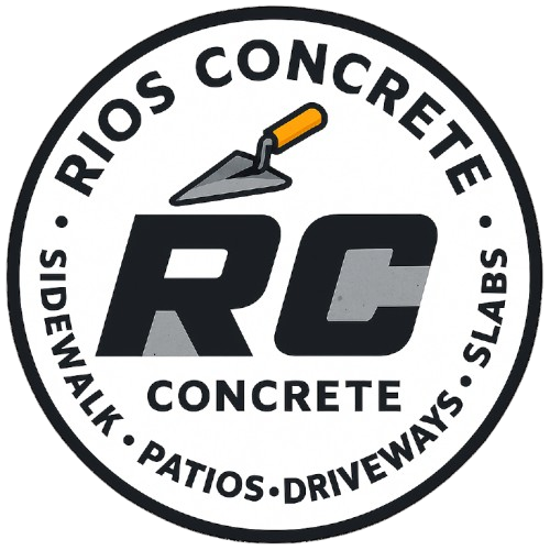 Rios Concrete logo: Black circle with "RIOS CONCRETE" and "SIDEWALK • PATIOS • DRIVEWAYS • SLABS". Includes trowel icon and "RC" initials.