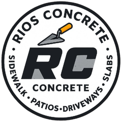 Rios Concrete logo: Black circle with "RIOS CONCRETE" and "SIDEWALK • PATIOS • DRIVEWAYS • SLABS". Includes trowel icon and "RC" initials.