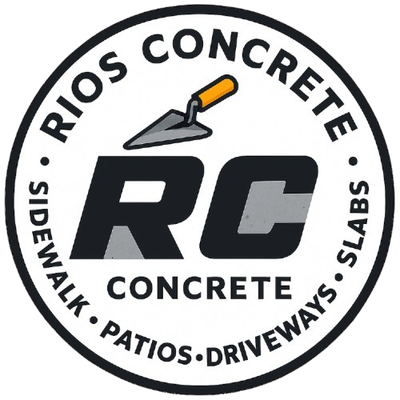 Rios Concrete logo: Black circle with "RIOS CONCRETE" and "SIDEWALK • PATIOS • DRIVEWAYS • SLABS". Includes trowel icon and "RC" initials.
