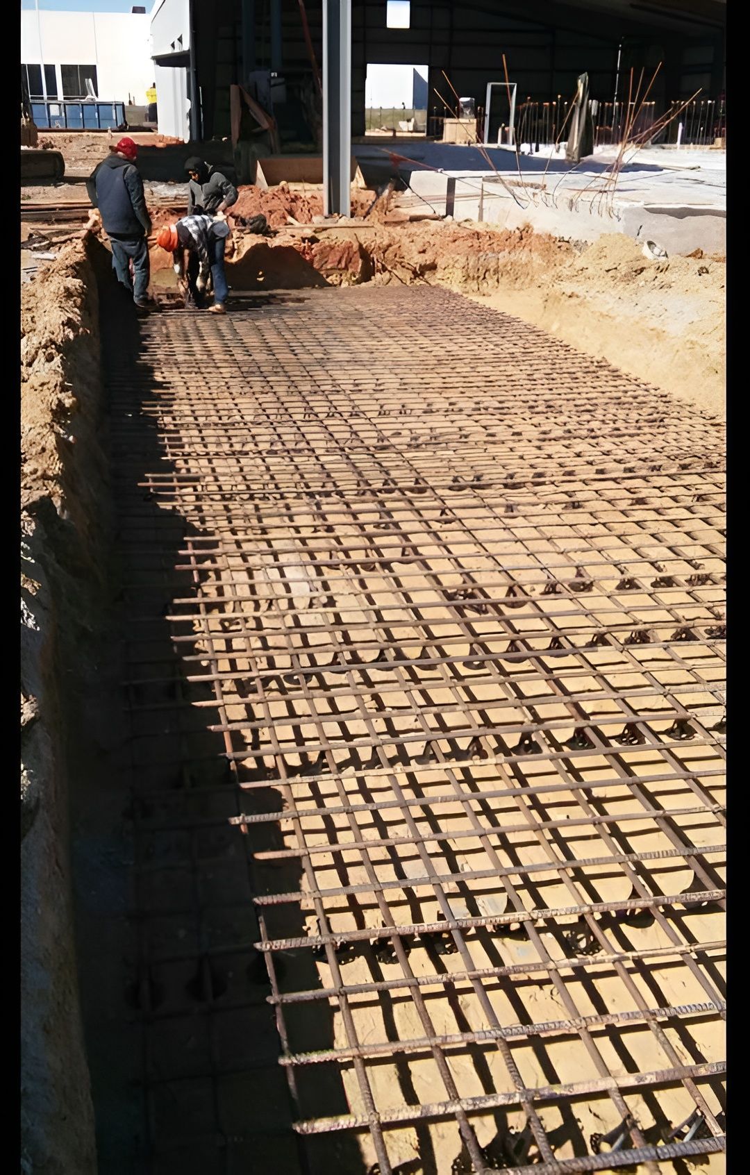 Workers installing rebar grid in a trench at a construction site.