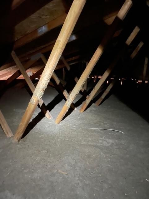 Des chevrons en bois dans un grenier sombre, projetant des ombres sur le sol.