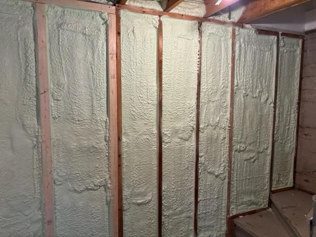 Montants muraux remplis d'isolant en mousse pulvérisée vert clair.