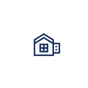 A dark blue line icon of a simple house with a window on the front and a smaller square structure attached to the side.