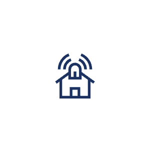 Dark blue outline icon of a house with a broadcasting signal above it, symbolizing smart home technology.