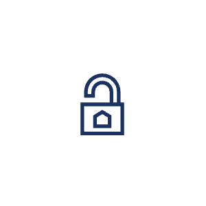 A dark blue line icon of an unlocked padlock with a small house shape inside the square base.
