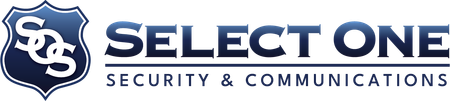 The logo for Select One Security & Communications featuring a blue shield with the letters SOS and bold blue text.