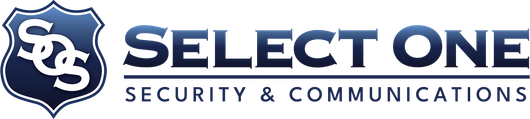 The logo for Select One Security & Communications featuring a blue shield with the letters SOS and bold blue text.