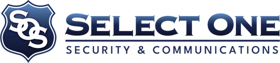 The logo for Select One Security & Communications featuring a blue shield with the letters SOS and bold blue text.