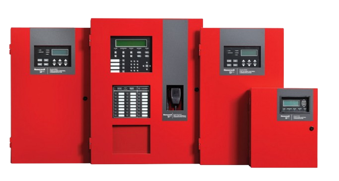 Four red FireLite fire alarm control panels of varying sizes arranged against a plain white background.