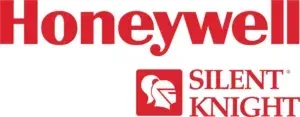 The Honeywell logo above the Silent Knight logo, which features a white knight's helmet icon on a red square.