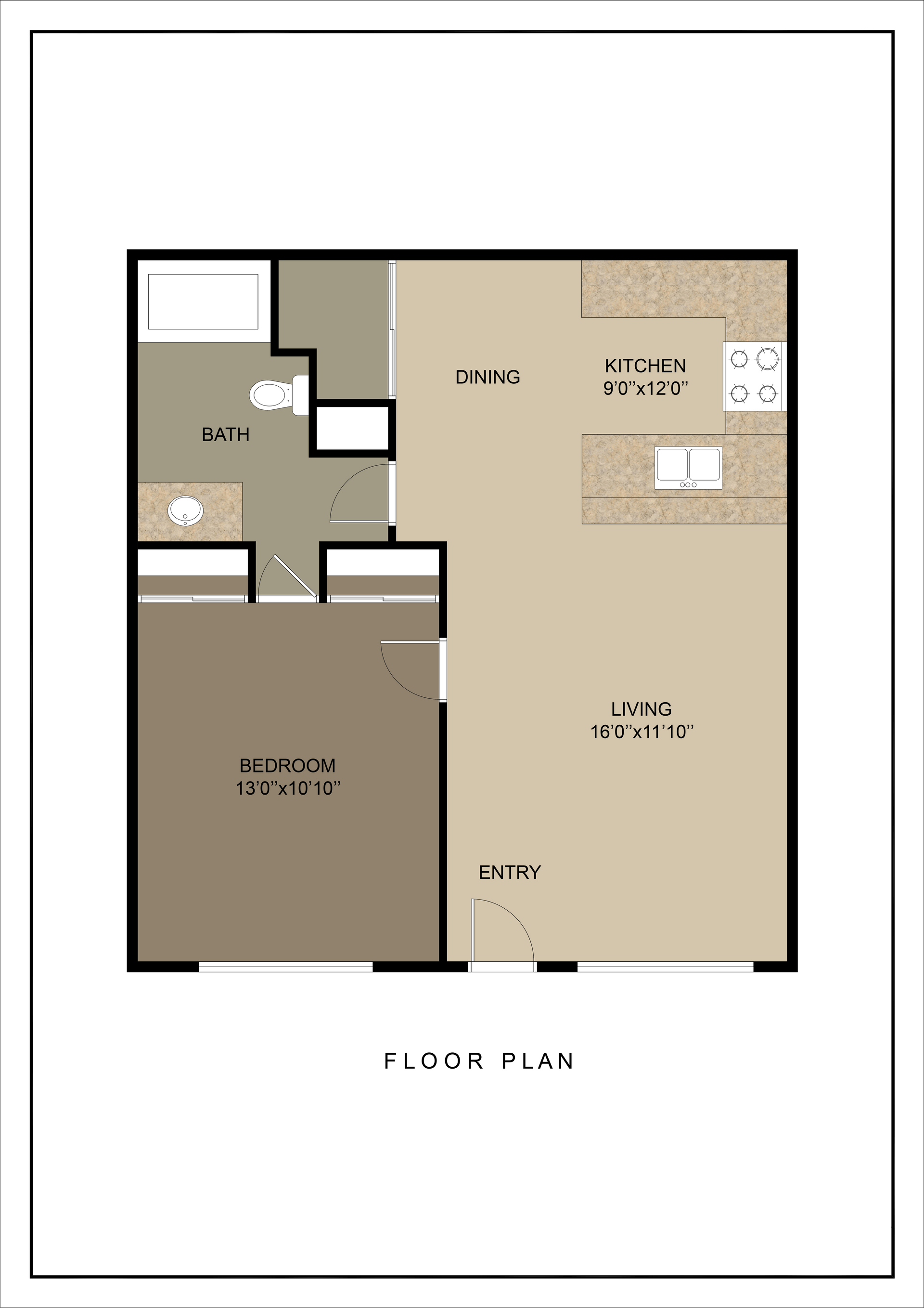 Floor plan of a small apartment with kitchen, living area, bedroom, and bathroom.