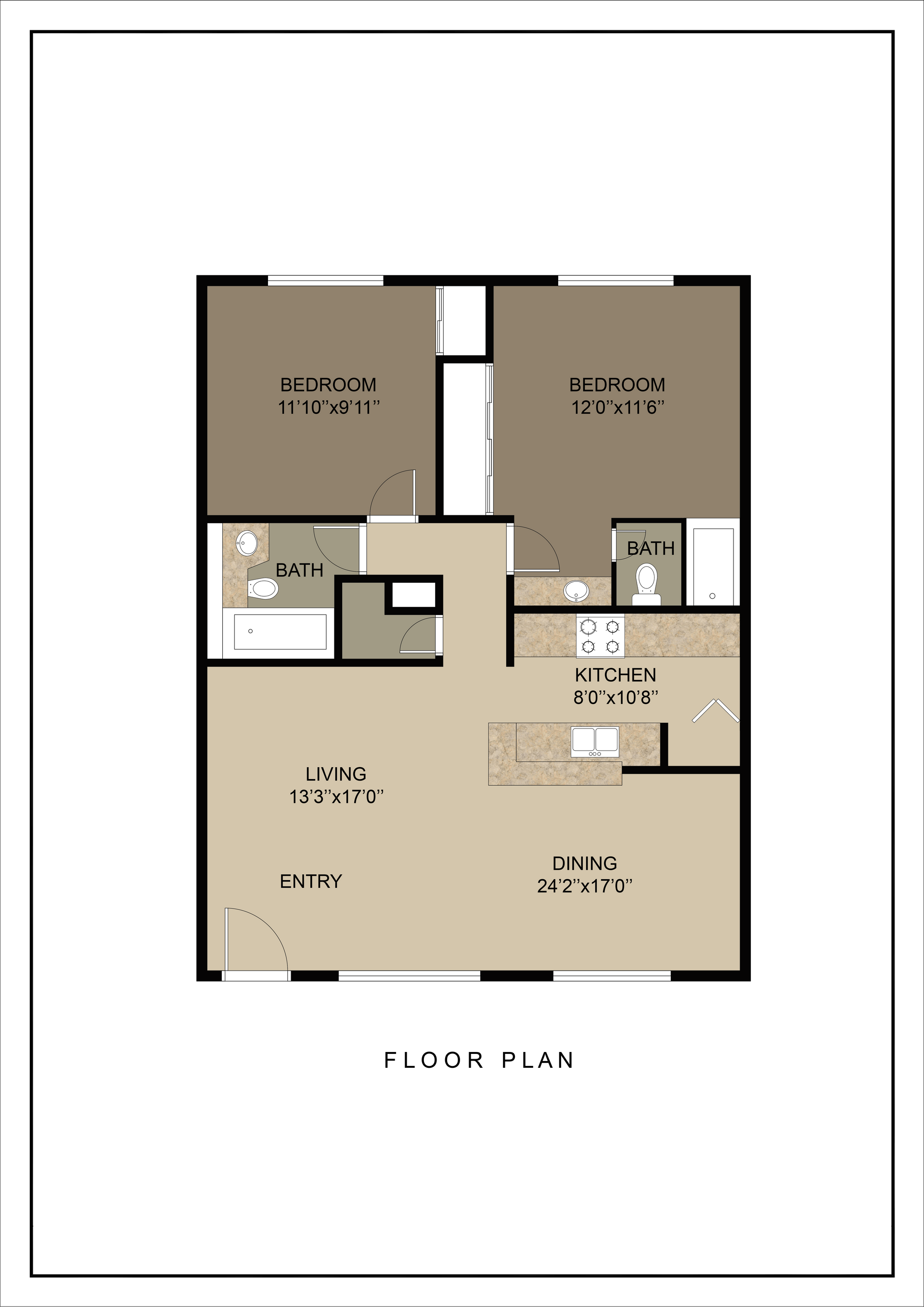 Floor plan of a two-bedroom apartment with living room, kitchen, and bathrooms, in shades of beige and brown.