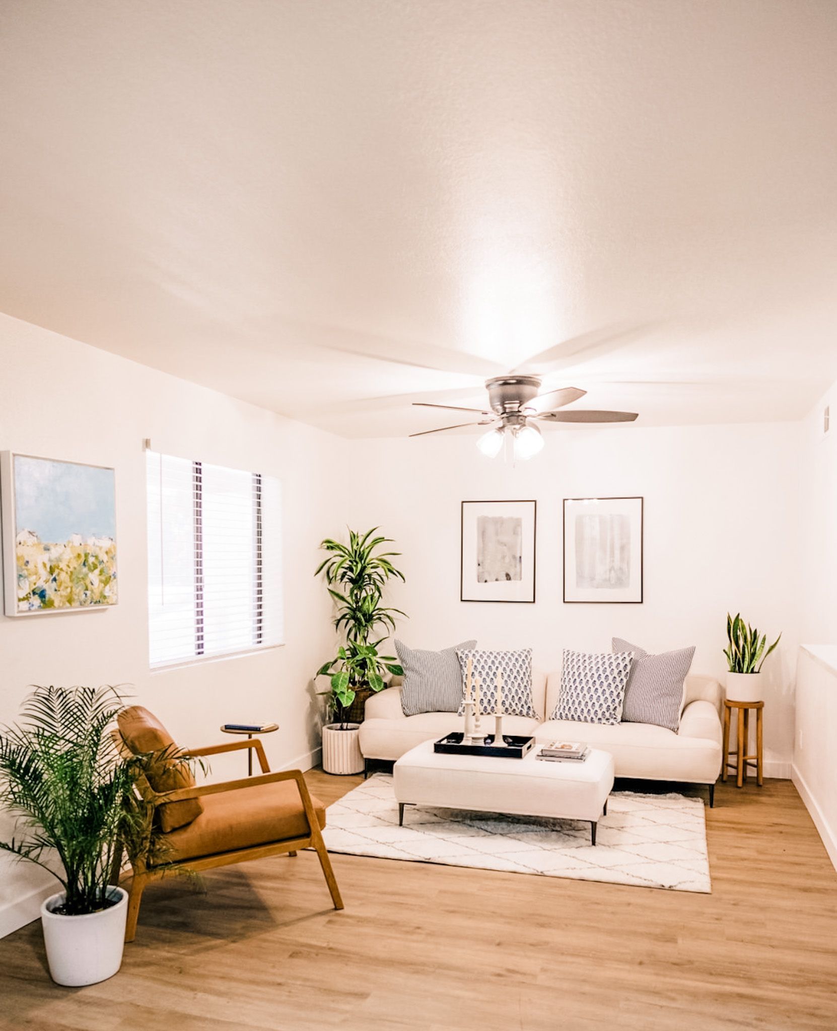 Living room with white walls, wood floors, a white couch, and plants.