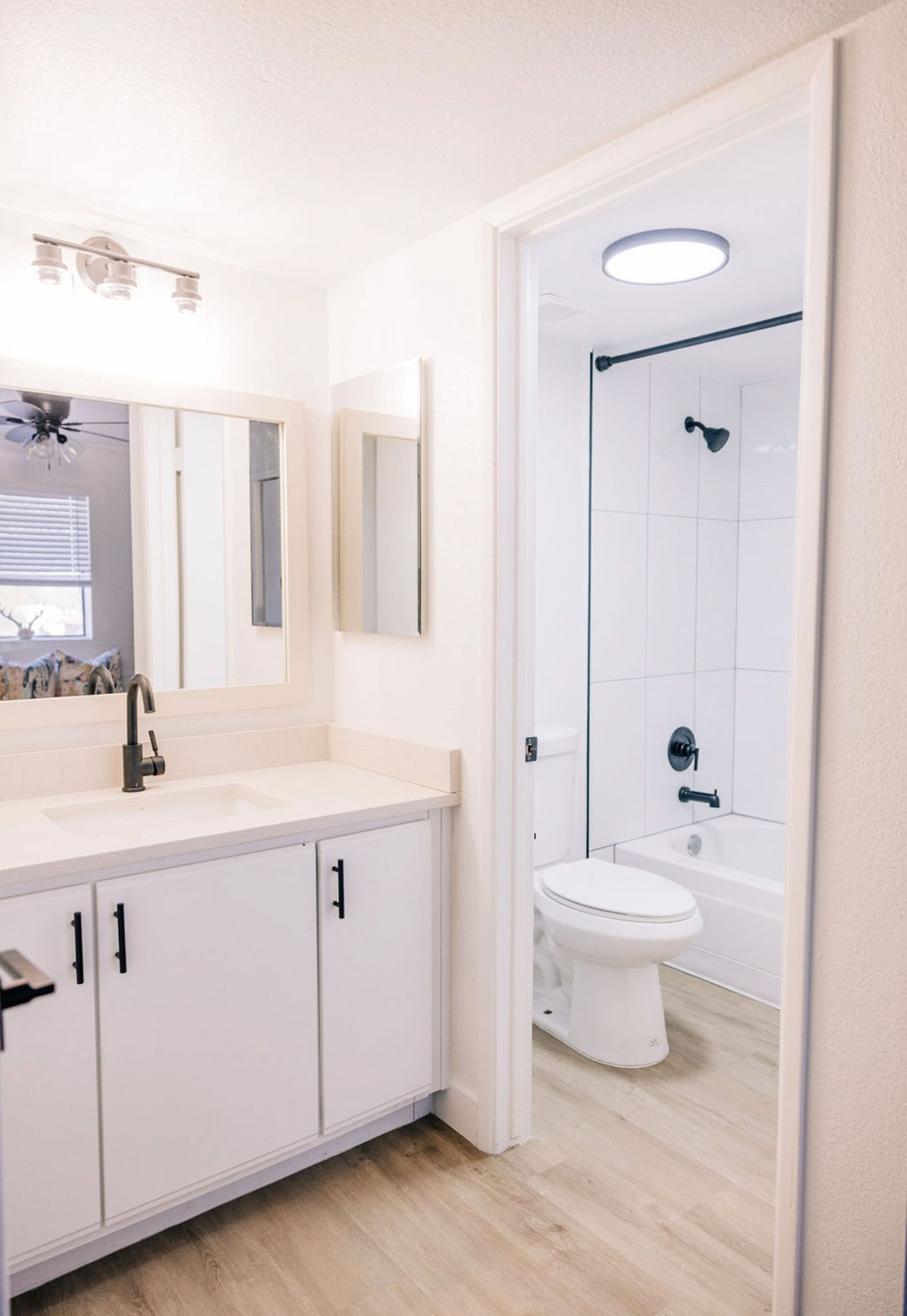 White bathroom with a vanity, mirror, and a shower/toilet area with a round skylight.