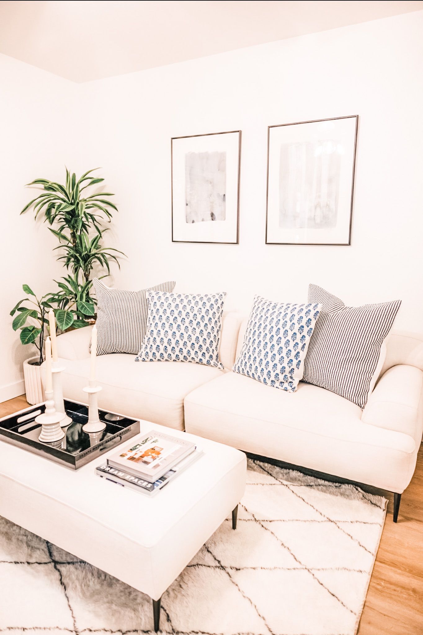 Cozy living room with white sofa, blue patterned pillows, and a coffee table with a tray and plants.