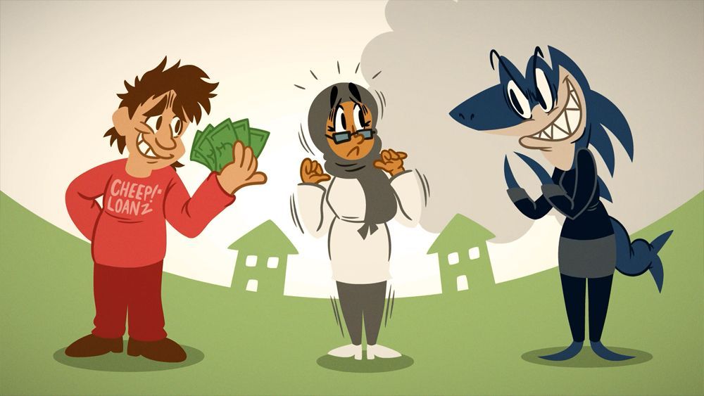 Man with cash offers loan to a scared person; a shark person smiles greedily.