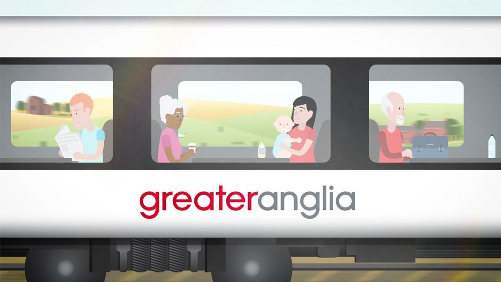 Train windows show passengers; a baby is held; the Greater Anglia logo is below.
