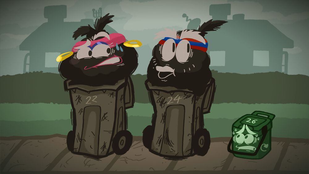 Two anthropomorphic trash cans wearing headbands look at a green recycling bin. Grimy suburban setting.