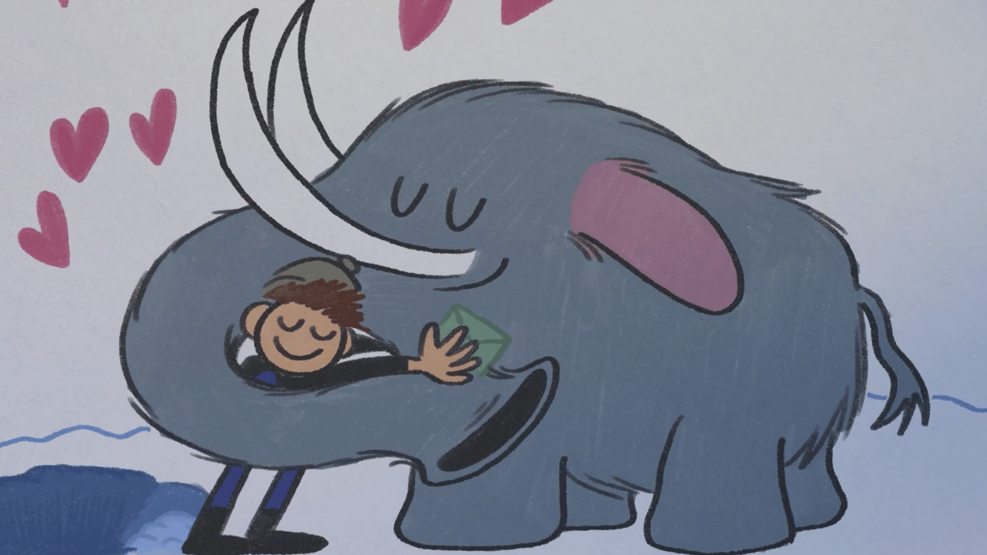 A cartoon person hugs a woolly mammoth, with hearts floating above them, snowy background.