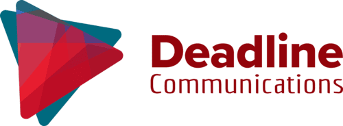 Logo of Deadline Communications. Triangle shape with overlapping teal and red shapes. Text reads