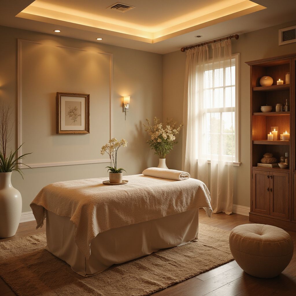 Massage therapy room: beige walls, massage table with towel, flowers, window, candles on shelf.