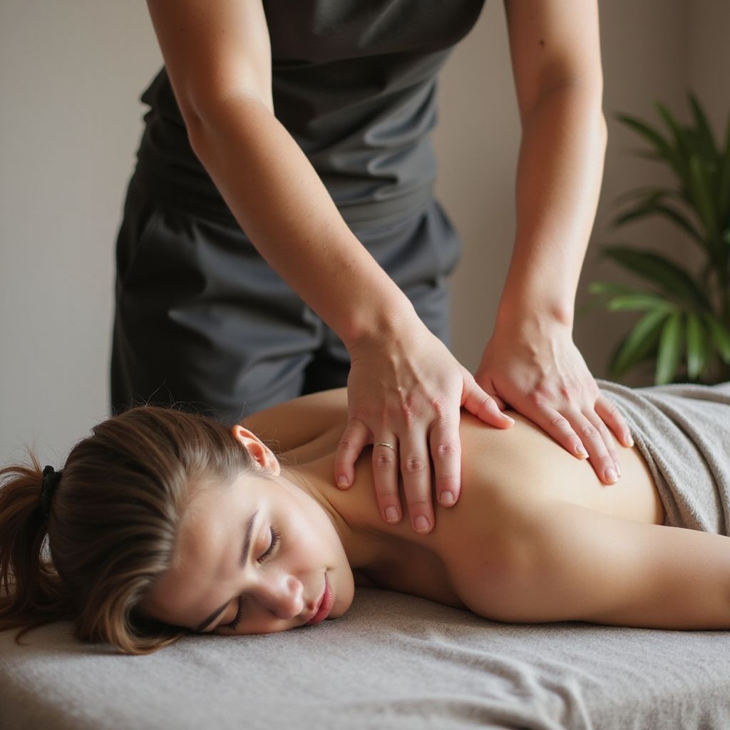 Woman receiving back massage, therapist's hands on her shoulders. Soft lighting, neutral tones.