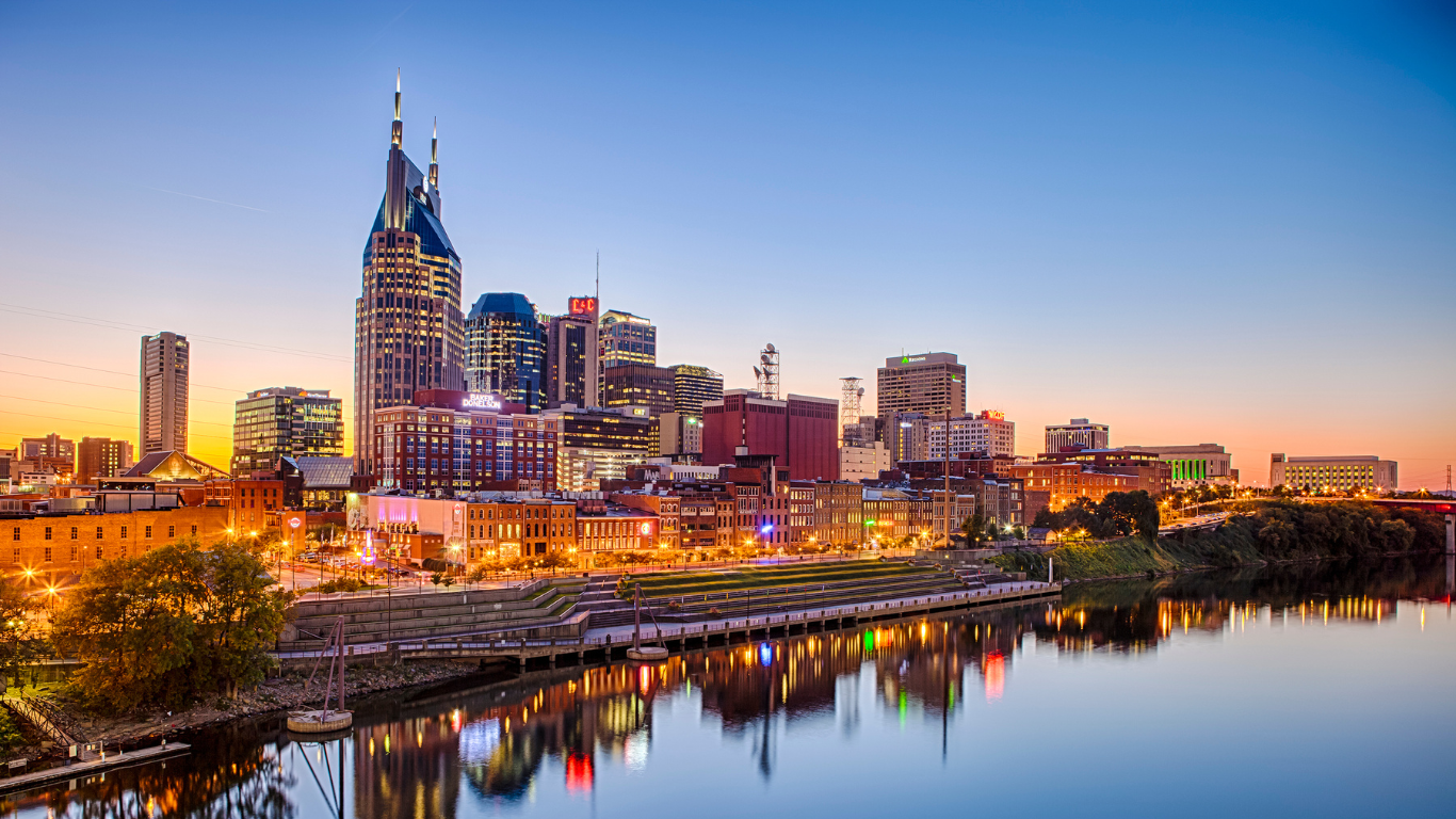 A Nashville city skyline is reflected in a body of water at sunset.
