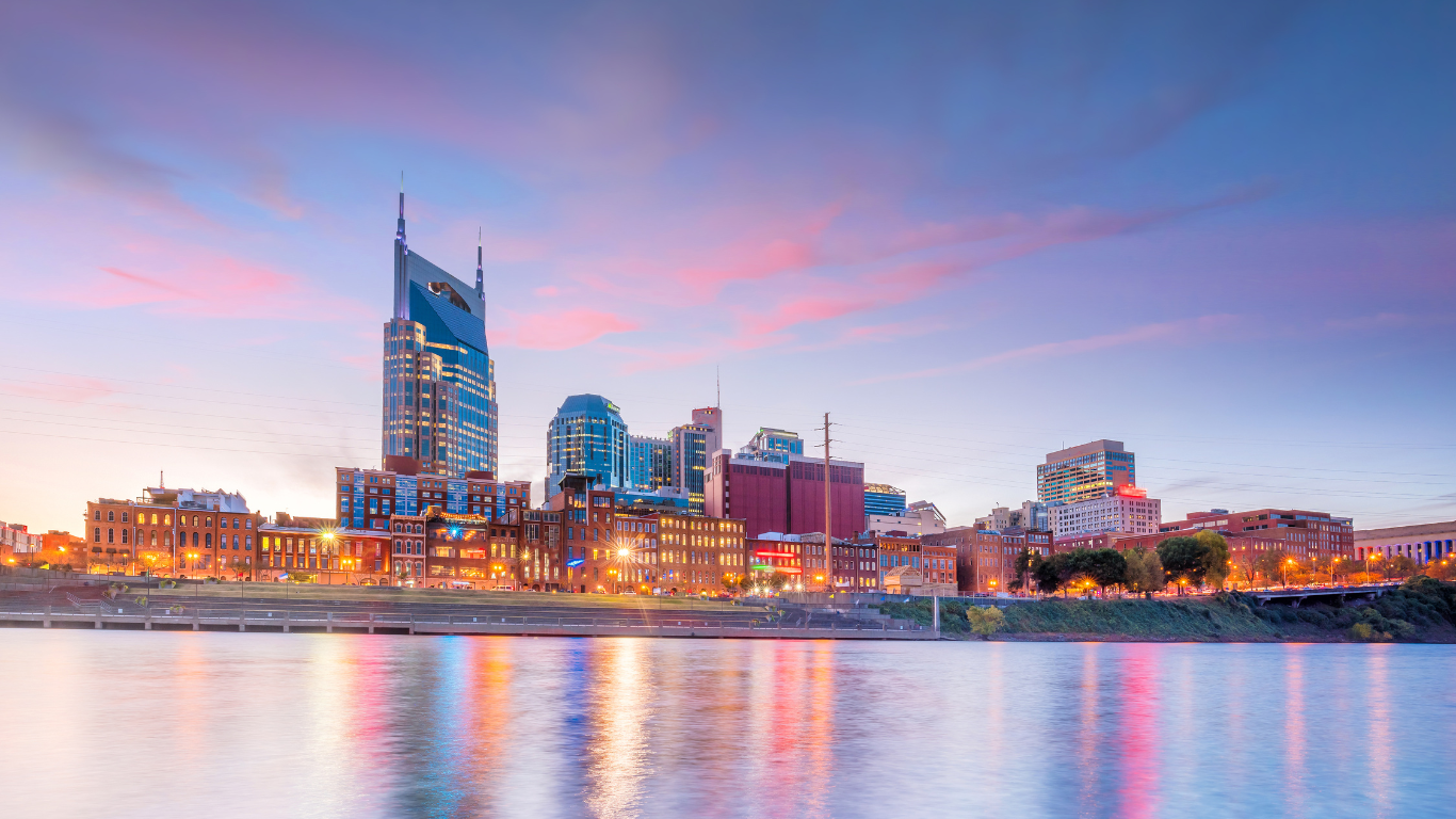 The Nashville city skyline is reflected in the water at sunset.