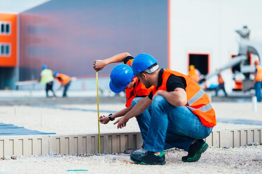 Two construction workers are measuring a concrete surface with a tape measure.