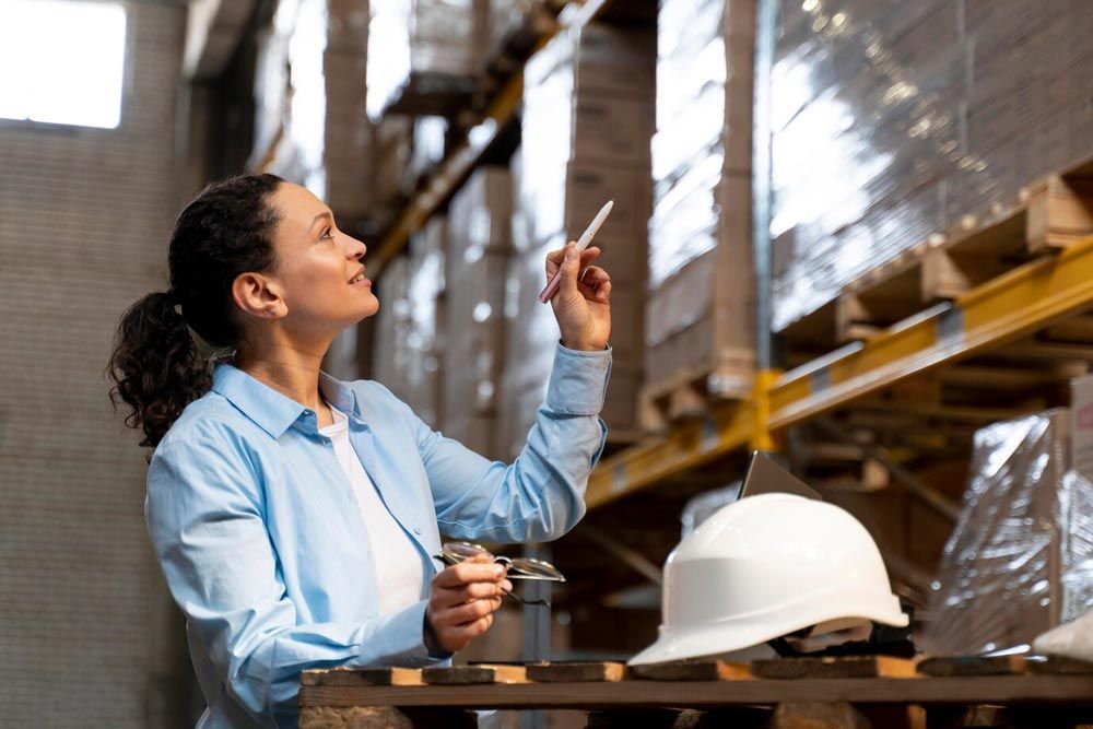 A woman is standing in a warehouse looking at a tablet.