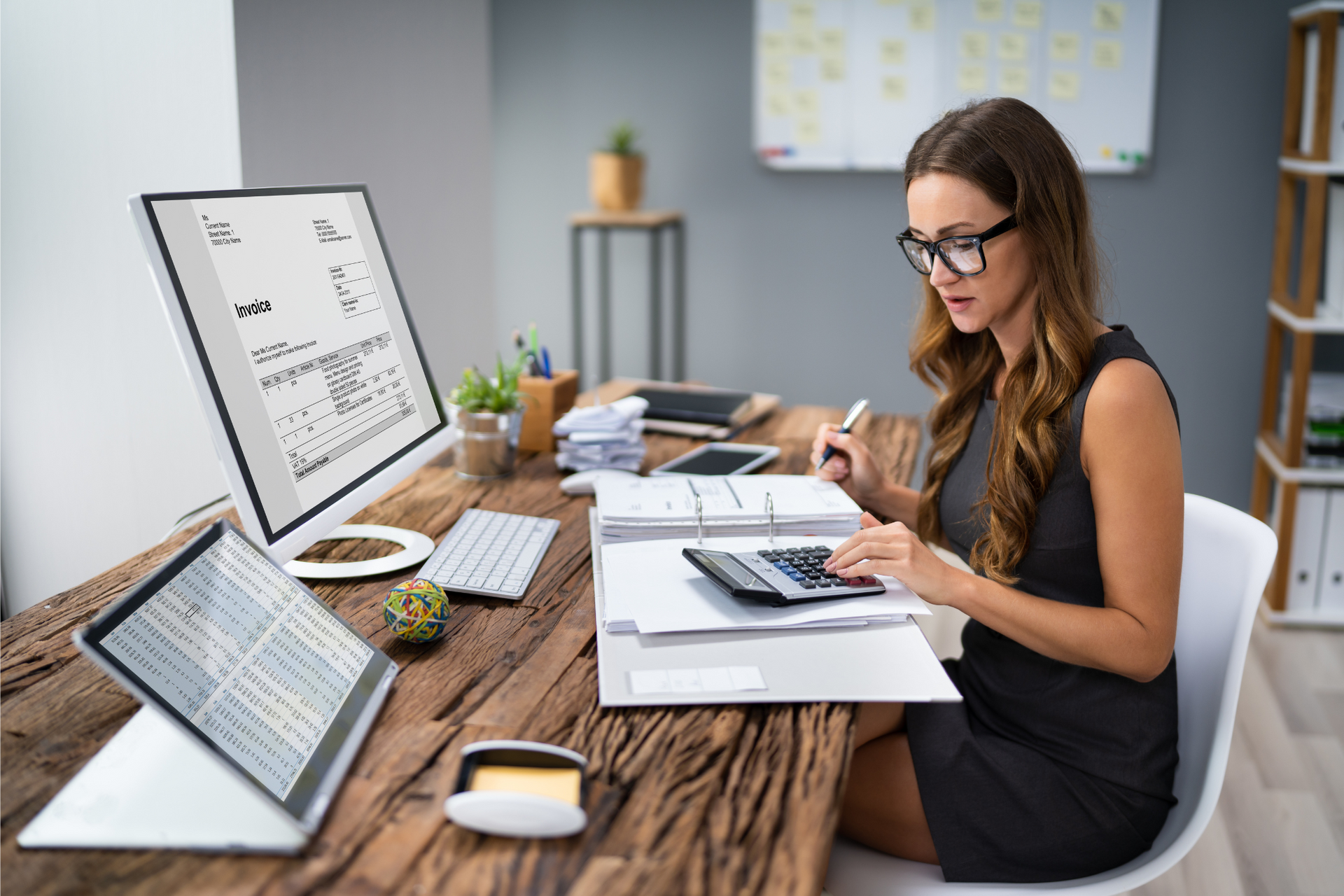 A woman is sitting at a desk with a computer and a calculator.