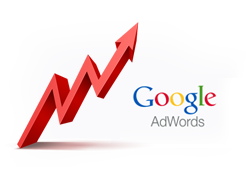 A google adwords logo with a red arrow pointing up