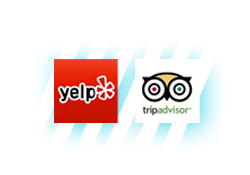 A yelp logo and a tripadvisor logo on a white background
