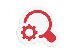 A sticker with a magnifying glass and a gear on it