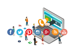 A group of people are standing around a laptop computer surrounded by social media icons.