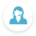 A blue icon of a woman wearing a headset.