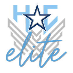 A blue and gray logo with a star and the word elite