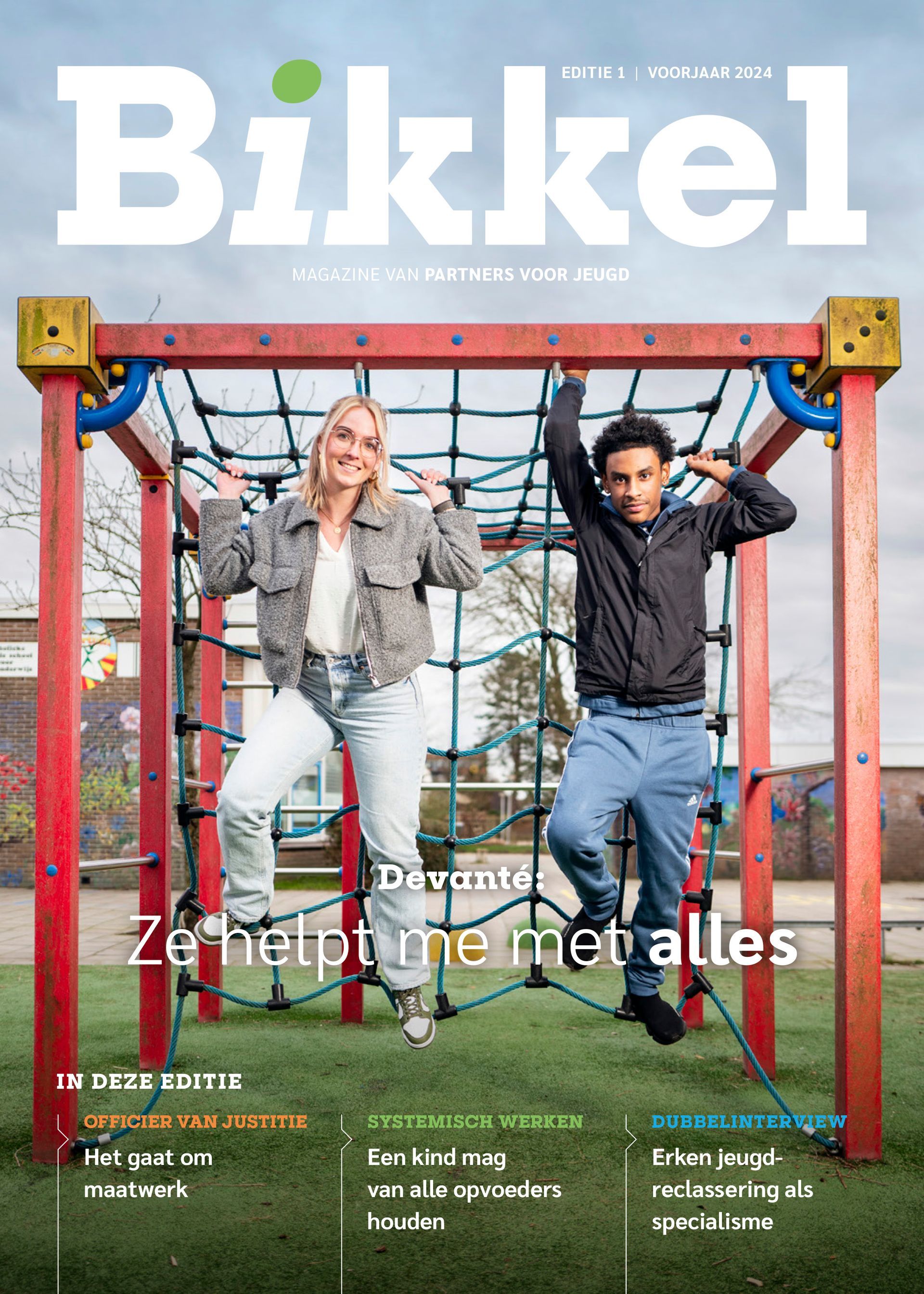 Magazine cover: Woman and boy smiling, posing on playground climbing frame.