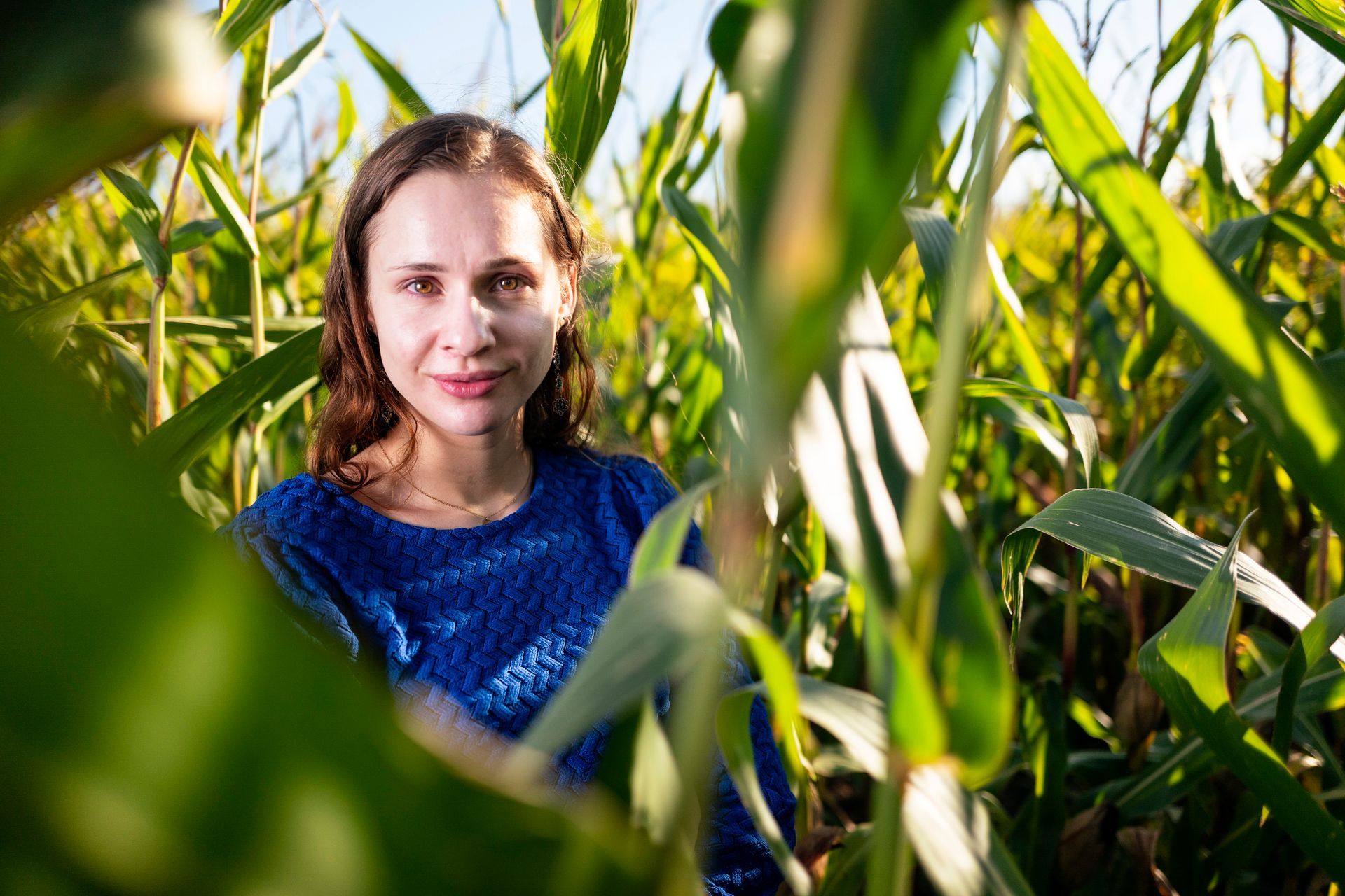 Jonge vrouw in een blauwe top, kijkt indringend recht in camera, lachend, omringd door groene maïsstengels in een veld.