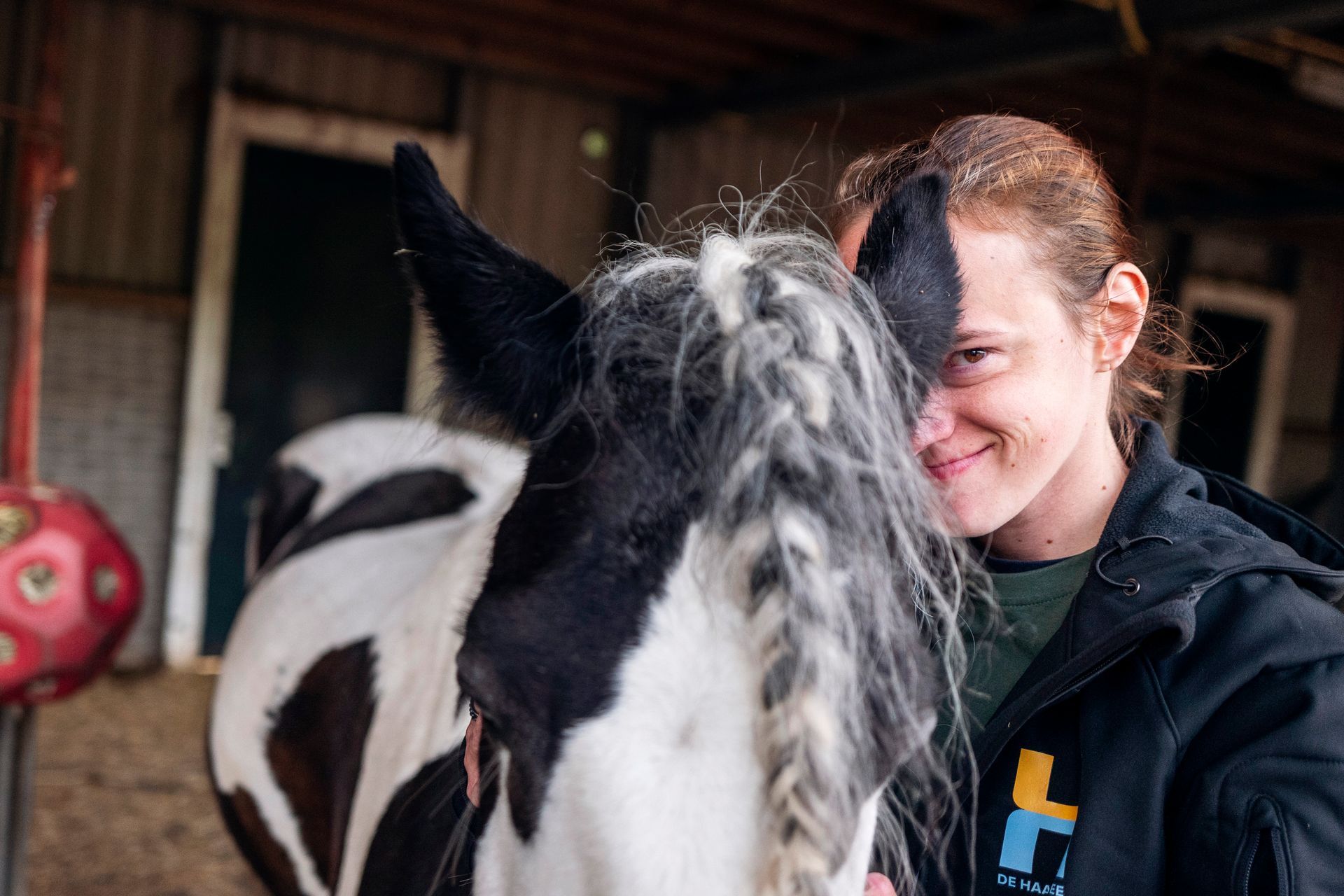 Een vrouw glimlacht naast het oor van een zwart-wit paard met een gevlochten manen in een schuur.