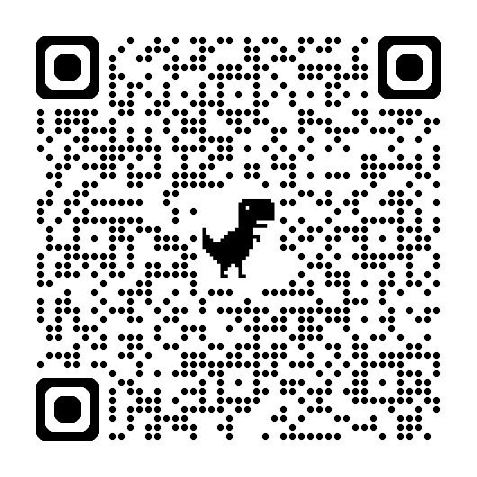 A square QR code with a small black pixelated dinosaur icon in the center on a white background.