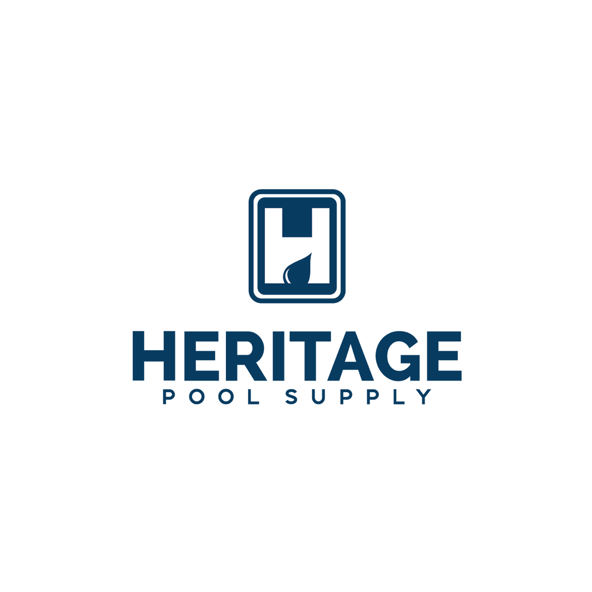 Logo for Heritage Pool Supply: Blue square with 