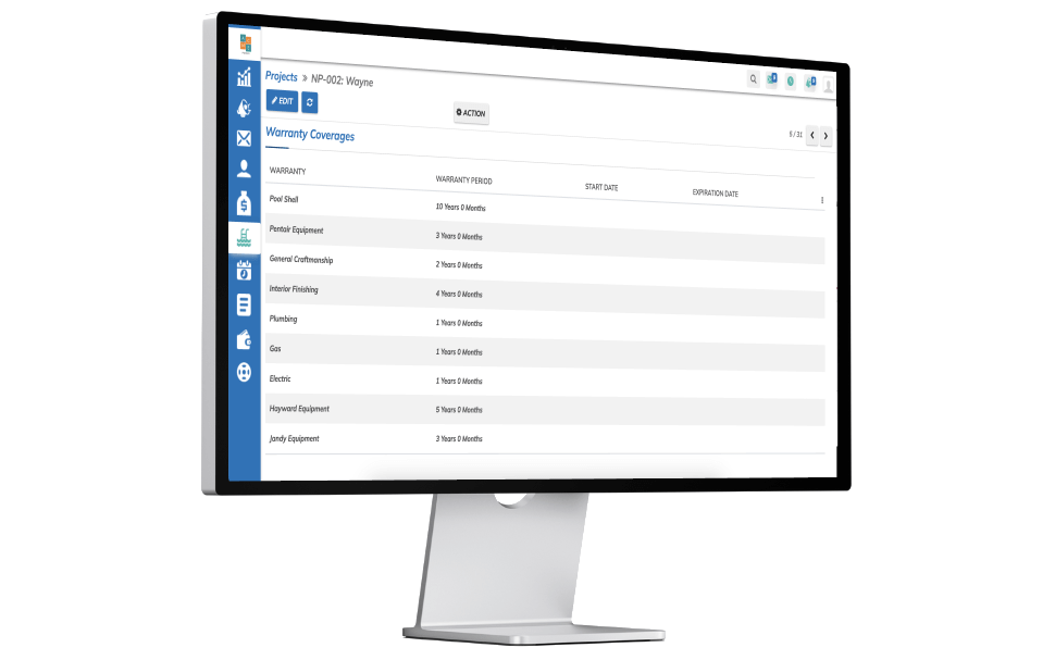 Screenshot of warranty coverages in Poologics projects module