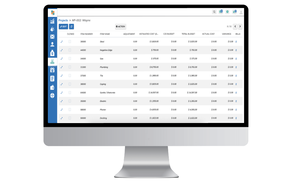 Screenshot of budgets and cost variances in Poologics project module