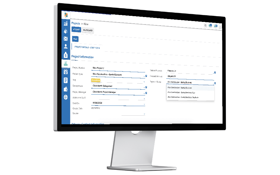 A computer monitor with a blue and white dashboard on it.