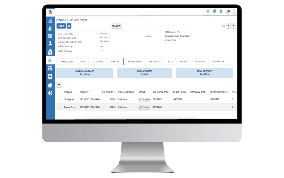 Screenshot of change orders in the Poologics projects module