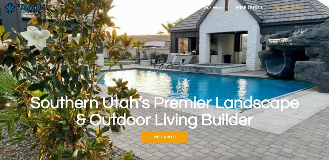 A luxury swimming pool with a home, landscaping, and the words “Southern Utah’s Premier Landscape & Outdoor Living Builder.”
